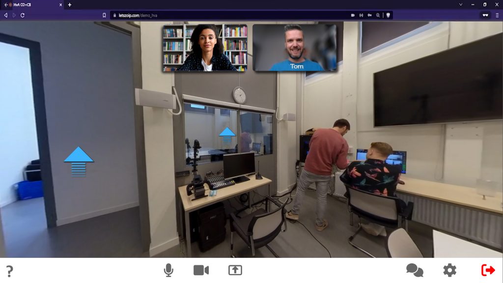 Screenshot van de Let's Zoip omgeving. Samen virtueel in een ruimte binnen het bedrijfspand