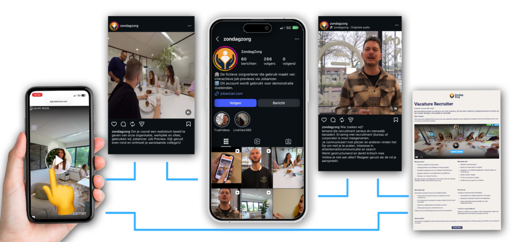 Overzicht social media toepassingen voor instagram met berichten gekoppeld aan vacatures en job previews.